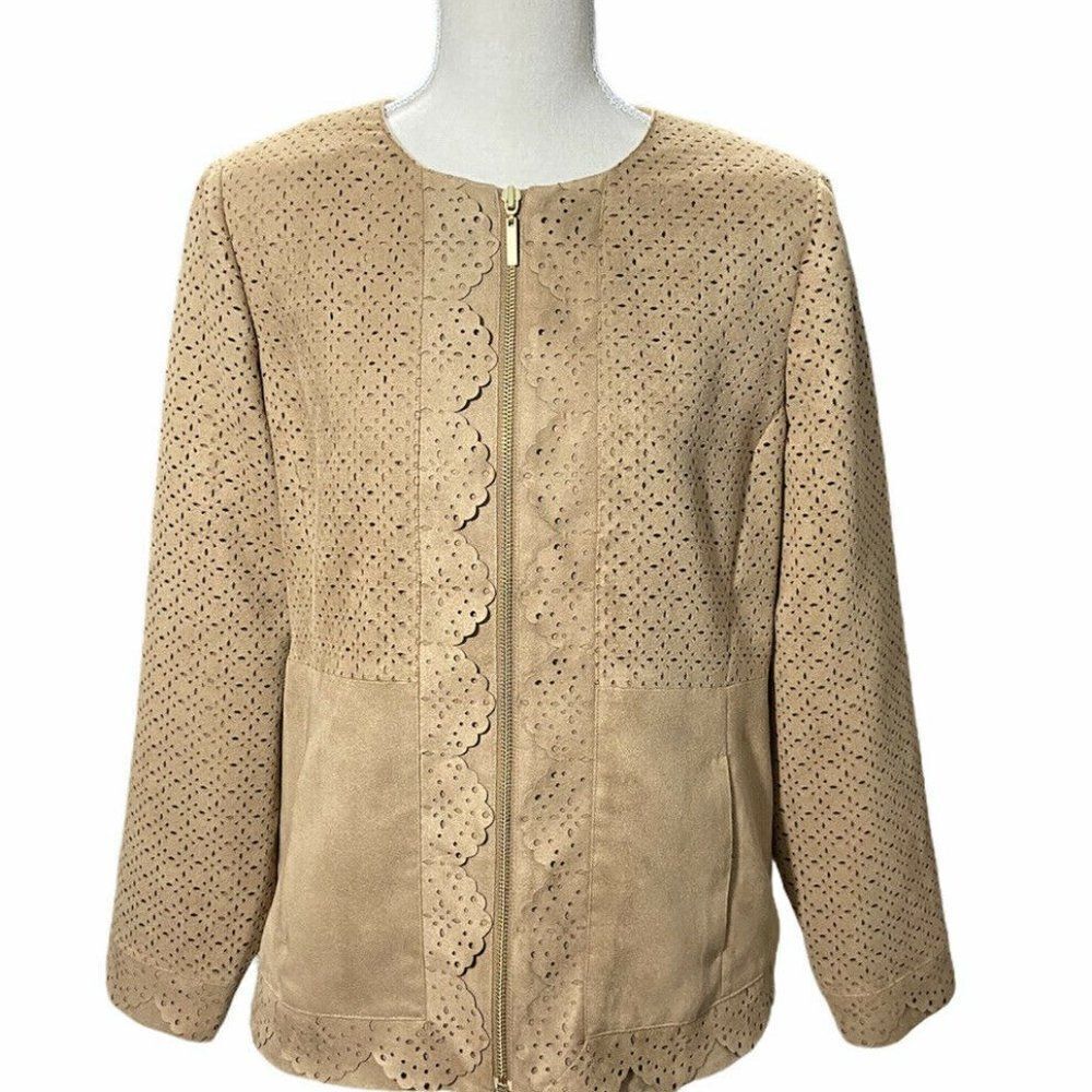 Chicos Faux Suede Lt Brown Camel Zip up Jacket Sz1